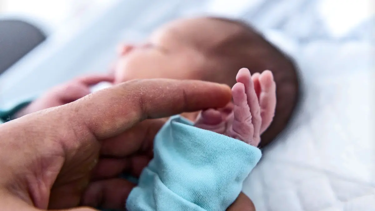 07.02.2019, Bayern, Höhenkirchen-Siegertsbrunn: Ein Vater hält die Hand eines wenige Tage alten Jungen. Mehr als 200 Kindern hat die Hebamme Pischinger schon auf die Welt geholfen. (zu "«Die Geburt ist ein Schwellenerlebnis» - Der Alltag einer Hebamme") Foto: Sina Schuldt/dpa - ACHTUNG: Nur zur redaktionellen Verwendung im Zusammenhang mit der aktuellen Berichterstattung +++ dpa-Bildfunk +++