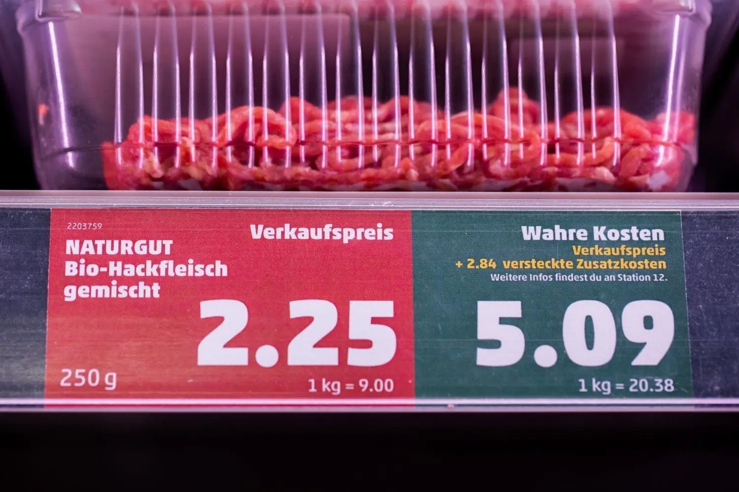Gewaltiger Unterschied: der Penny-Verkaufspreis (links) und der „wahre Preis“ für Bio-Hackfleisch.⇥