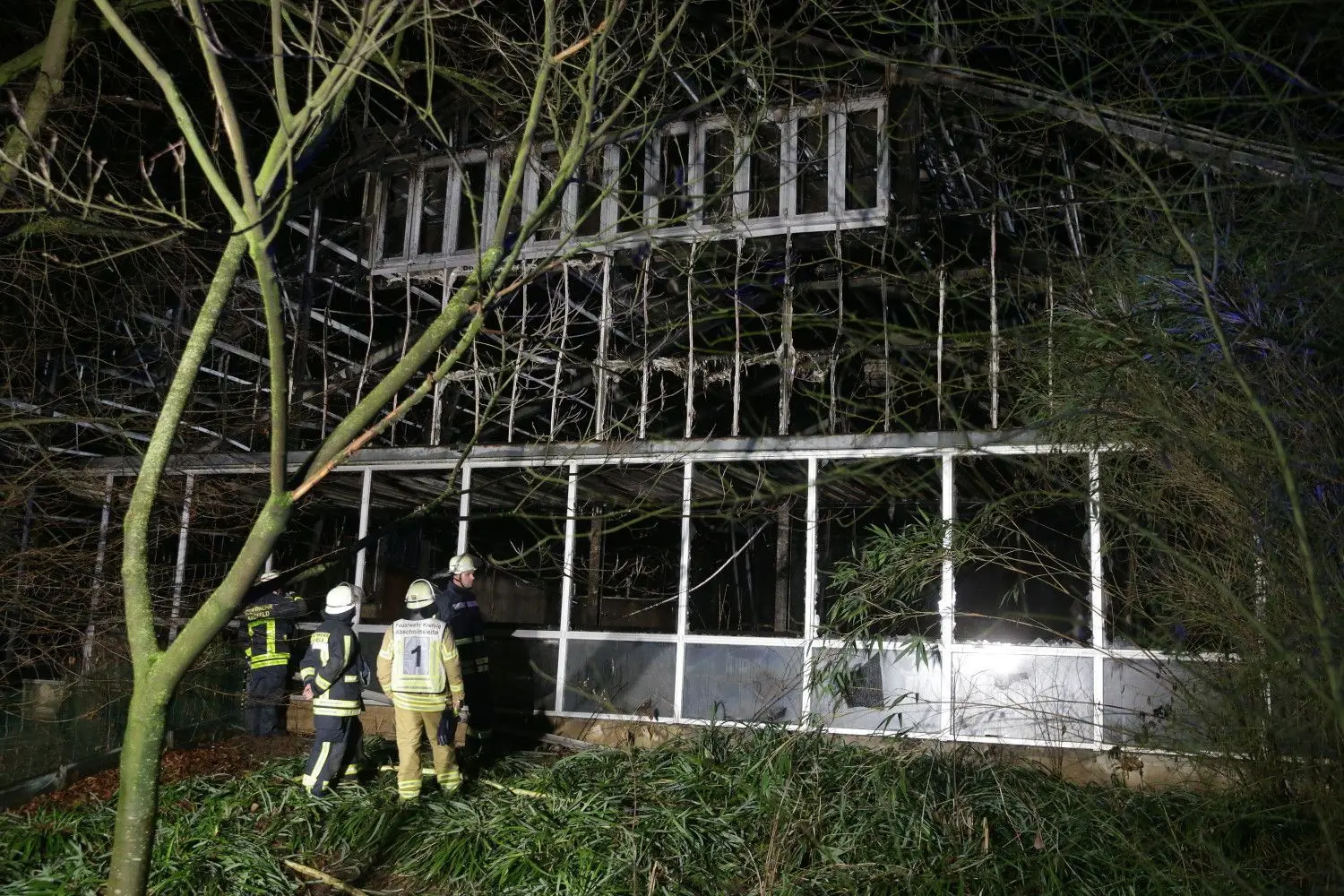 Feuerwehrleute nach Löscharbeiten vor dem Affenhaus des Krefelder Zoos.