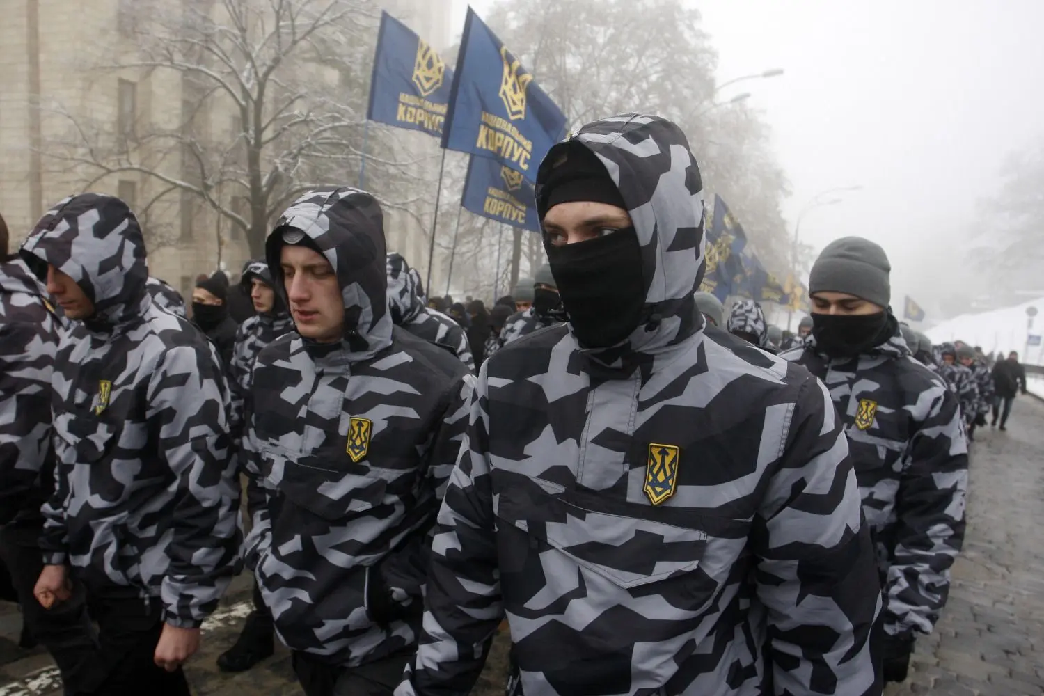 Vermummte Demonstranten mit Fahnen nehmen an einem Protest vor dem ukrainischen Parlamentsgebäude teil. Nach dem Aufbringen von drei ukrainischen Marineboote durch russische Spezialeinheiten hat Kiew die unverzügliche Freilassung der festgenommenen Matrosen gefordert. ⇥