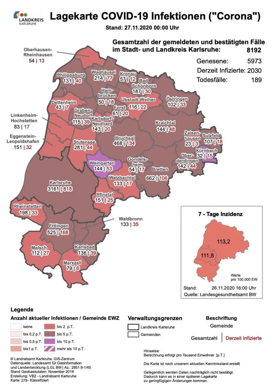 Die Karte zeigt die aktiven Fälle und jemals nachgewiesenen Infektionen im Landkreis Karlsruhe.
