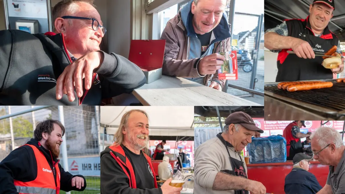Die unverzichtbaren Helfer beim „Event Heimspiel“ des Göppinger Sportvereins im Uhrzeigersinn: Sportvorstand Ingo Miede mit einem Ticketkäufer, der Mann für die Stadionwurst „Aga“ Eller, Pommes-Verkäufer „Matsche“ Cirfera mit Erich Seidel, am Zapfhahn Uwe Dannenmann und Ordner Alexander Zwicker. ⇥Alle Fotos: Giacinto Carlucci.