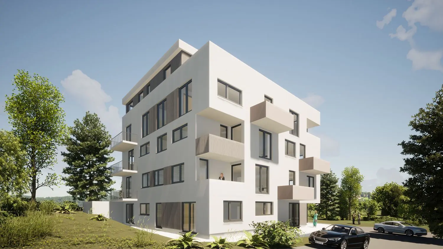 Das Mehrfamilienhaus im Roßfelder Baugebiet Heckenbühl mit 16 geförderten Wohnungen und zwei zusätzlichen Wohnungen im Staffelgeschoss hat eine durch Balkons und Loggien gegliederte Fassade. ⇥