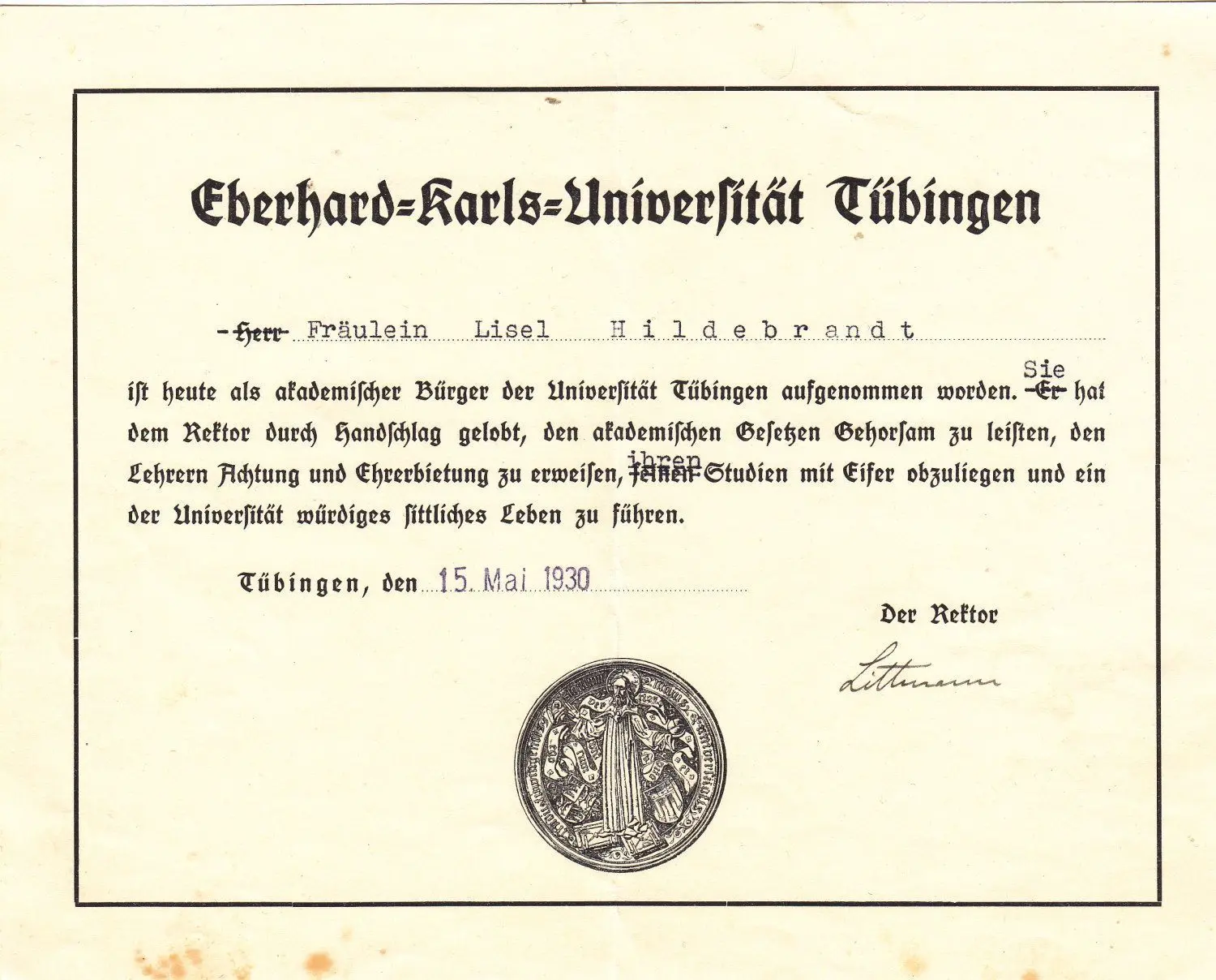 Ein zeitgeschichtliches Dokument: Lisel Hildebrandt musste dem Rektor der Tübinger Universität 1930 durch Handschlag geloben, den akademischen Gesetzen Gehorsam zu leisten.