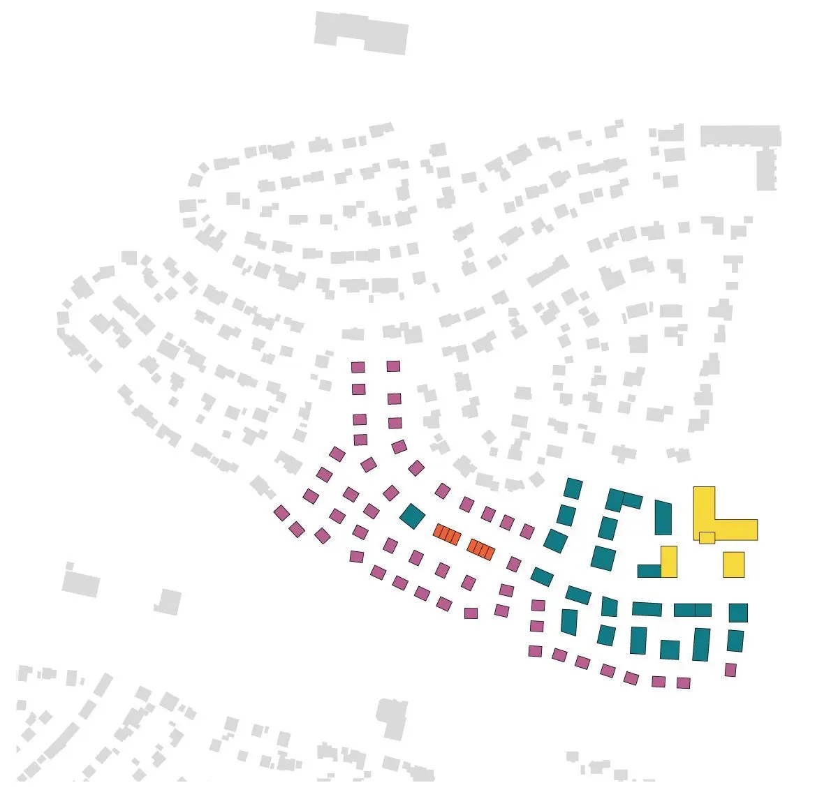Die geplanten Mehrfamilienhäuser (blau) sorgen für Unmut unter denen, die im Rosengarten in der Nähe schon ein Haus haben. Einige Anwohner aus der Nachbarschaft hatten gehofft, dass alle Gebäude im neuen Abschnitt Einfamilienhäuser würden (lila). Geplant sind zudem ein Kindergarten sowie Kleingewerbe wie Bäcker oder Metzger (gelb) und ein paar Reihenhäuser (orange). ⇥