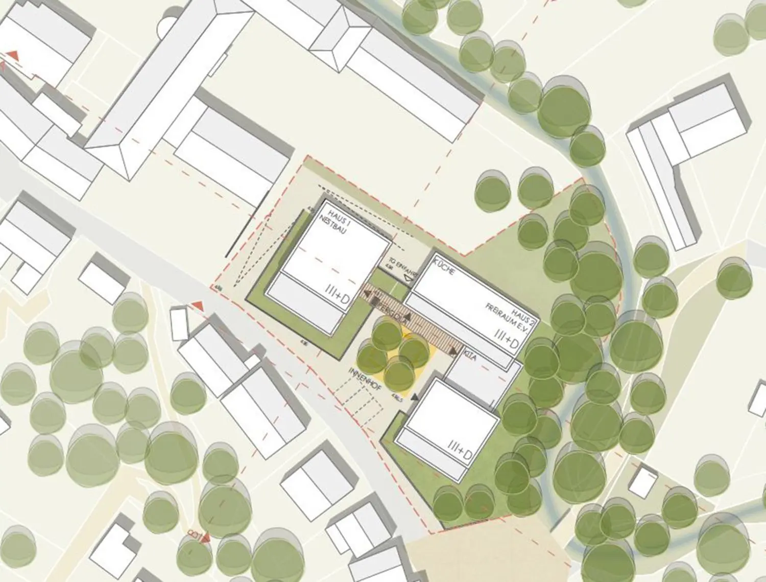 So ist die Bebauung am Reichenbach geplant. Das Gebäude rechts oben des Hechinger Vereins „Freiraum“ sieht eine Kindertagesstätte vor. Das Gebäude links wird von der Tübinger Bürger-Aktiengesellschaft für Wohnungsbau „Nestbau“ geschultert.