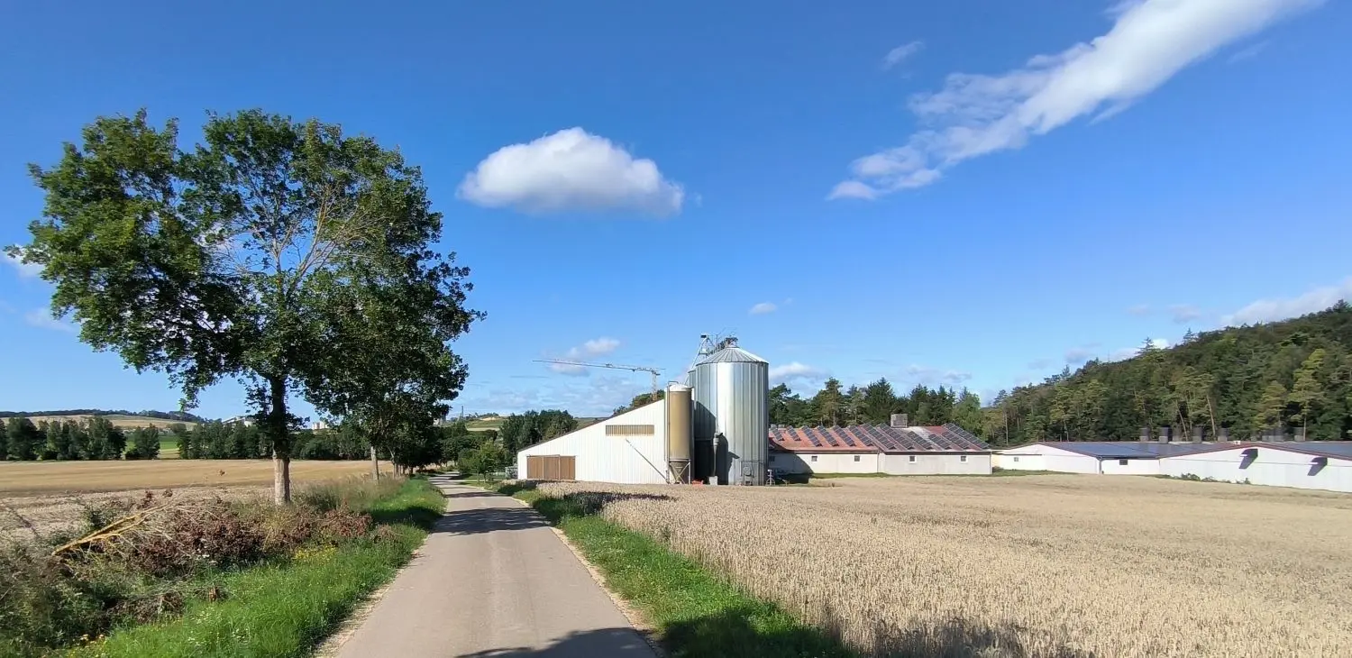 Schweinezucht im Siegental bei Allmendingen. Auf den Dächern der Ställe wird Strom aus Photovoltaik produziert.