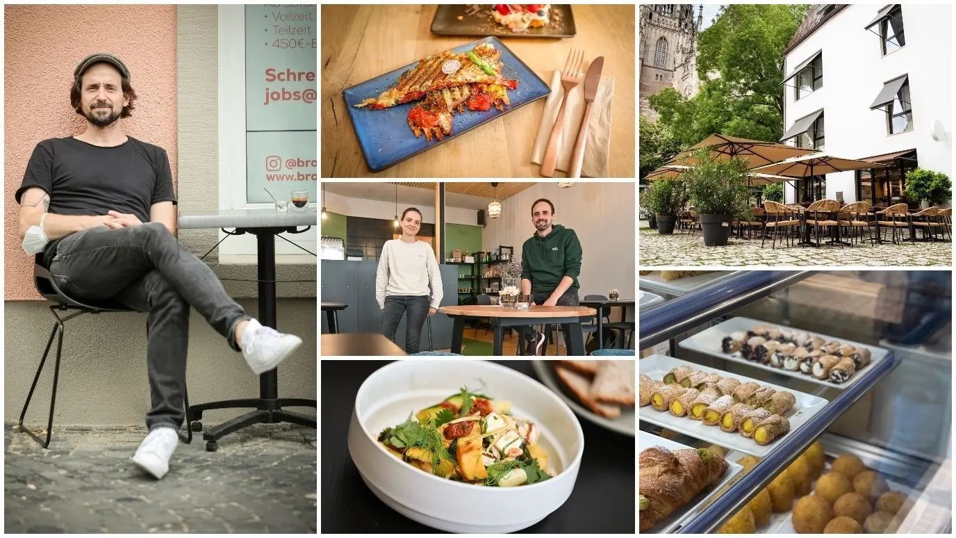 Tobias Rocholl (links) hat vor kurzem das Lokal Brot & Stühle im Judenhof eröffnet. Andrada Cretu und Andreas Rehm (Mitte) sind mit ihrem Deli-Restaurant Nö in der Hafengasse an den Start gegangen. Im ehemaligen Ojo am Schuhhausplatz betreibt Mario Abbate jetzt das sizilianische Tagescafé Spresso (rechts).