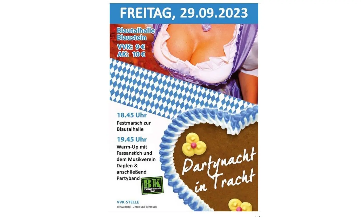 Dieses Werbebild ist nach Einschätzung der „Werbemelder*in“ von Pinkstinks sexistisch: Dass eine Frau im Dirndl Werbung für ein Oktoberfest macht, sei an sich völlig in Ordnung. Allerdings hat diese Frau nicht einmal ein Gesicht: Die Aufmerksamkeit erhält hier kein Mensch, sondern nur deren Brüste. Die Frau werde damit zum Objekt gemacht.