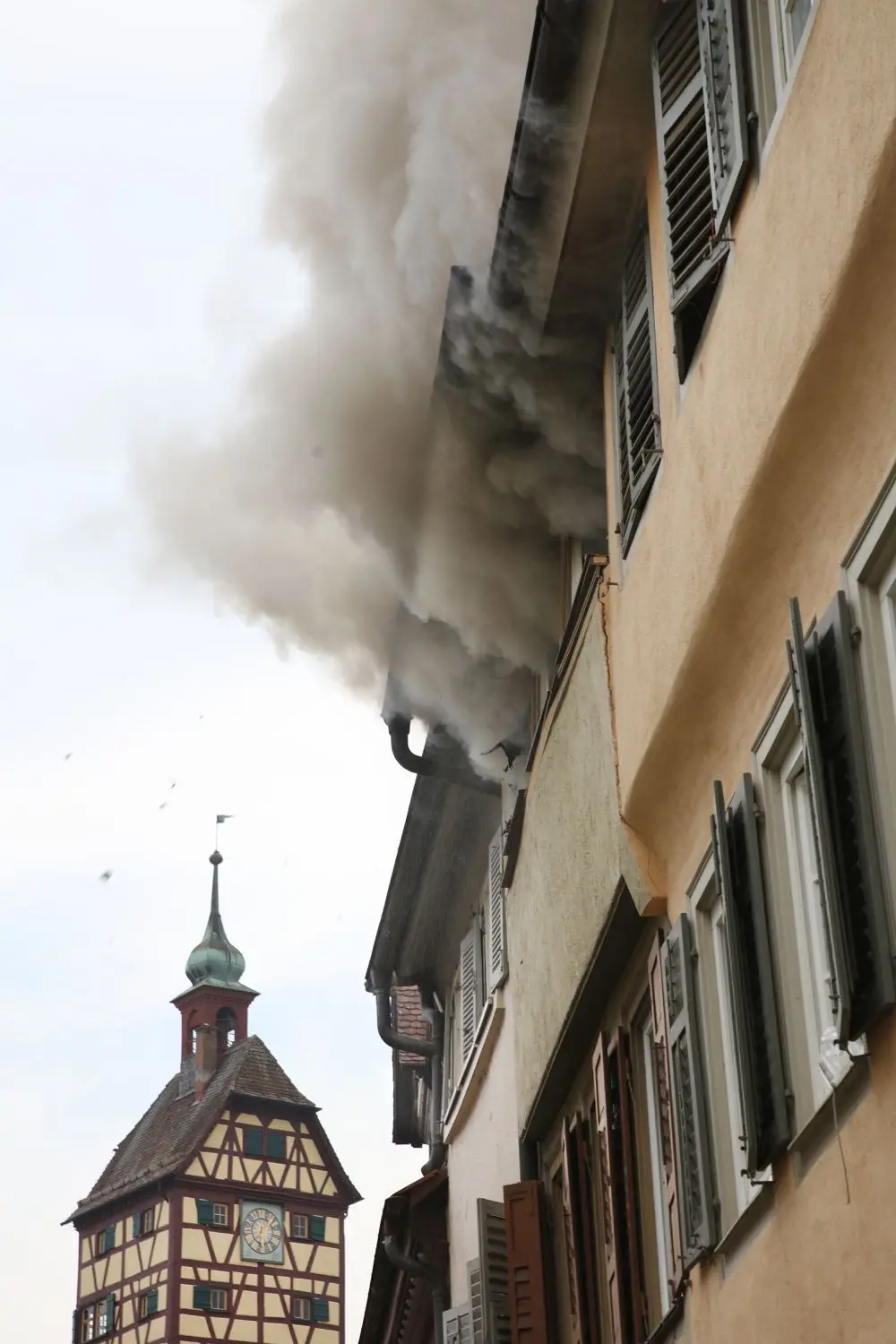 Dicker Rauch quillt in hoher Geschwindigkeit aus den Fenstern des Brandhauses im 1. Stock.