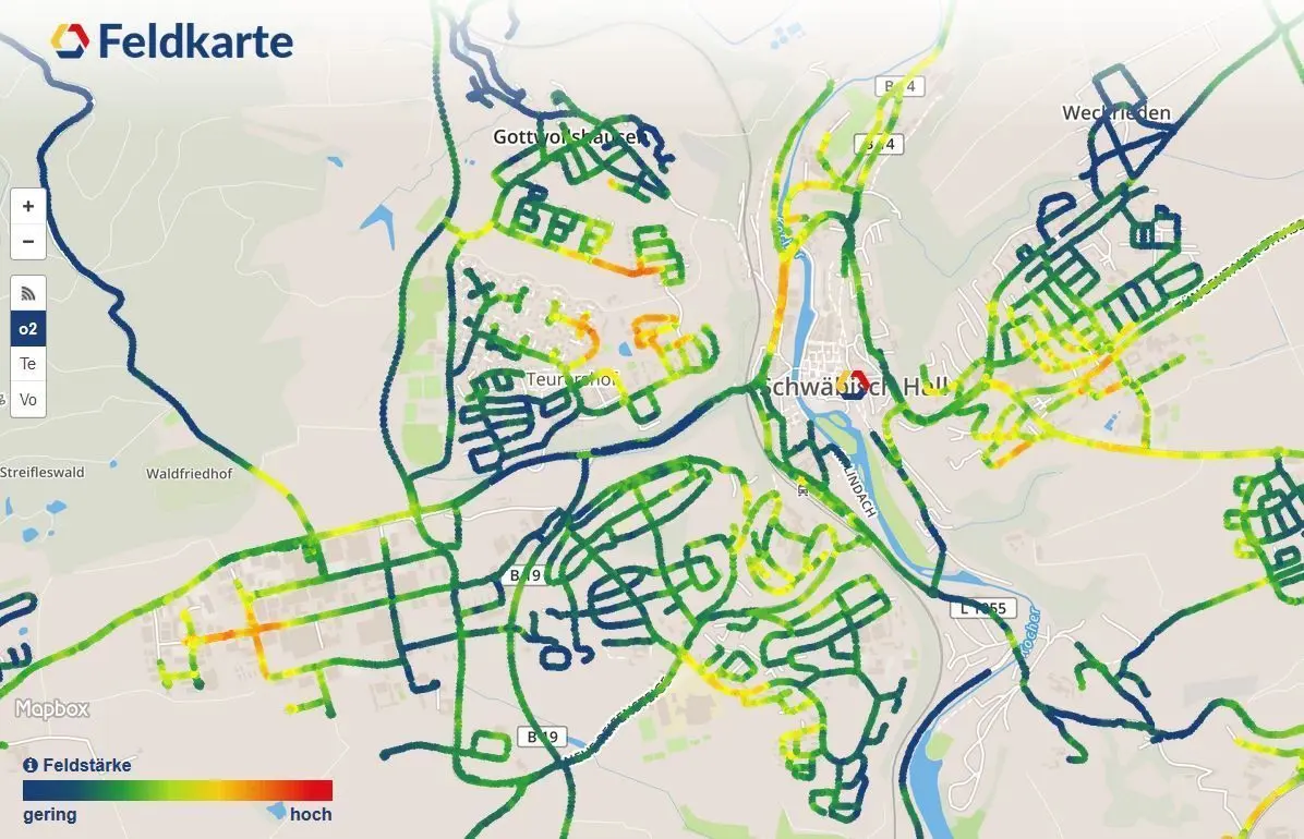 So sieht es auf www.feldkarte.de mit der O2-Mobilfunkverbindung in Schwäbisch Hall aus.