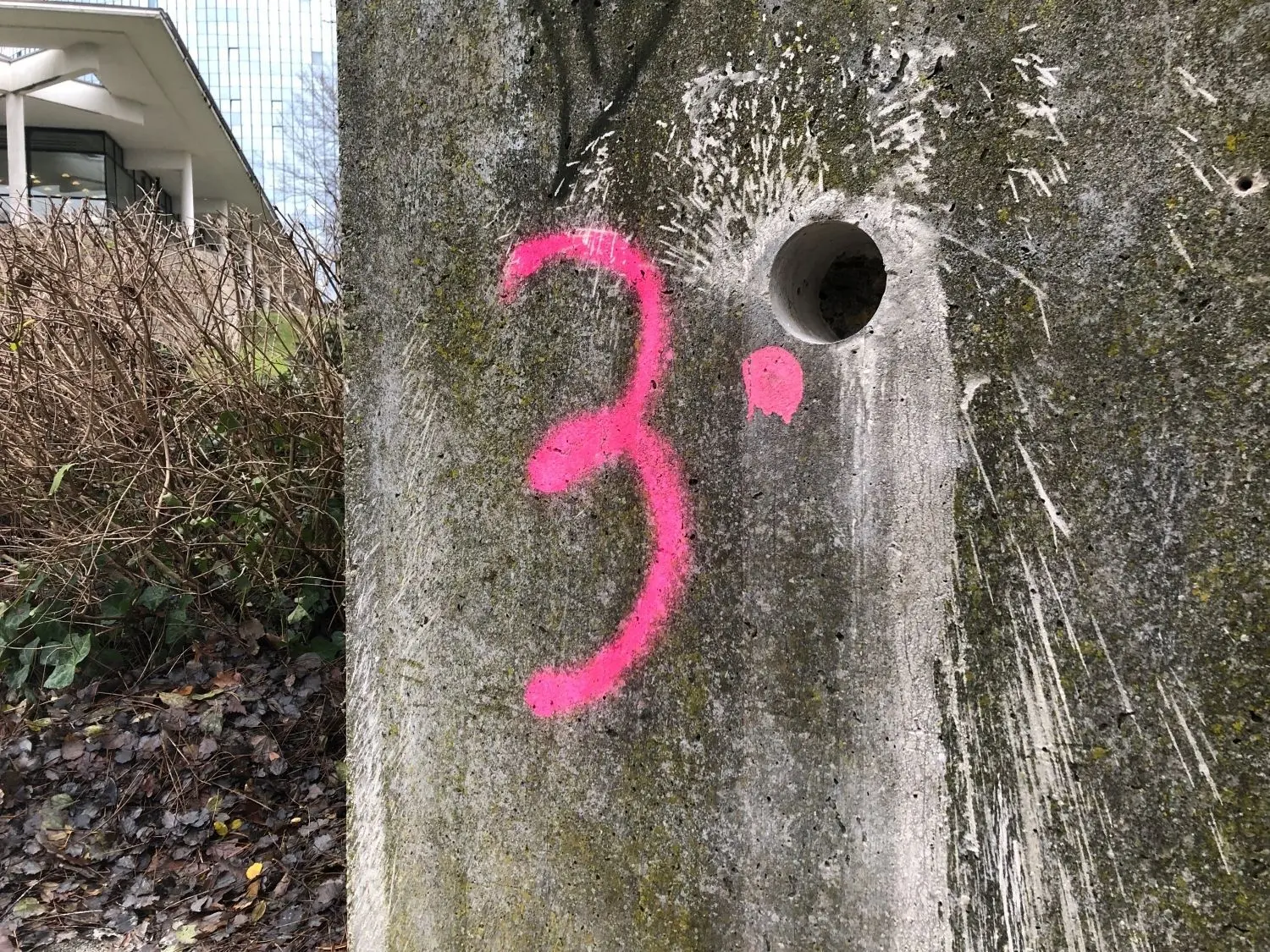 Hier wurde eine Betonprobe entnommen. Im Labor wird nun geklärt, welche Güte das Material hat, mit dem die Unterführung und die Mauern drumherum gebaut worden sind. Ist der Beton nicht verunreinigt, könnte er vor Ort zerkleinert und als Füllmaterial hergenommen werden.