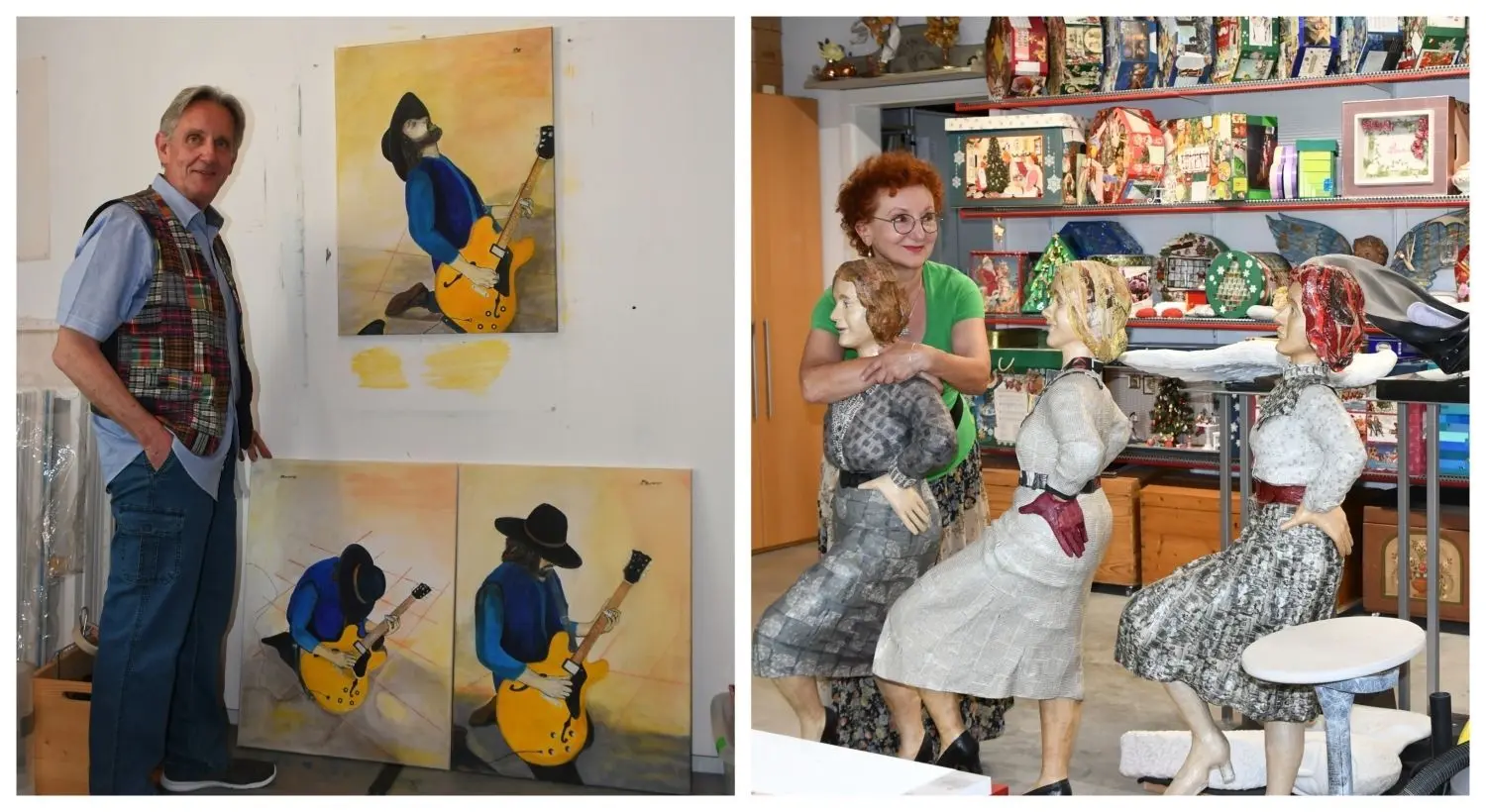 Gunter Buchberger malt Musiker in ihrer Bewegung. Renate Buchberger arbeitet unter anderem gerne mit Pappmaché - im Trio hier fehlt noch die vierte Frau. 