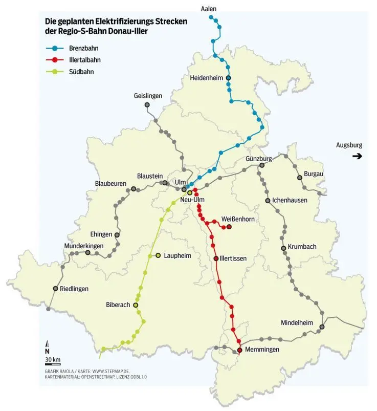 Die geplanten Elektrifizierungsstrecken der Regio-S-Bahn Donau-Iller.