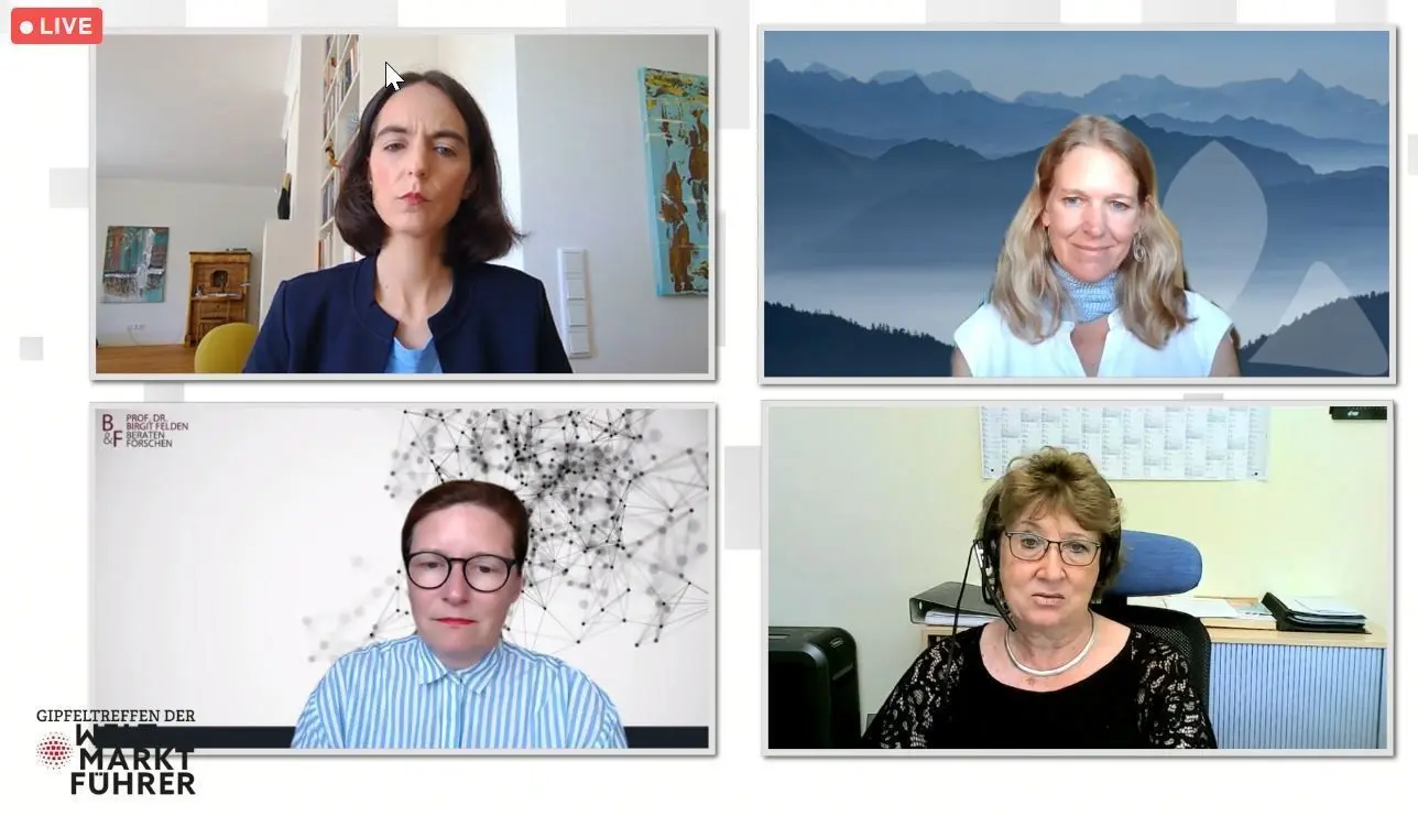 Vier Frauen an vier Orten, zu einer Diskussion zusammengeschaltet – im Uhrzeigersinn von oben links: Kristin Rau (Moderatorin),Antje von Dewitz (Vorstandschefin Vaude), Professor Dr. Birgit Felden (Hochschule für Wirtschaft und Recht Berlin), Martina Nighswonger (Geschäftsführende Gesellschafterin Gechem).⇥