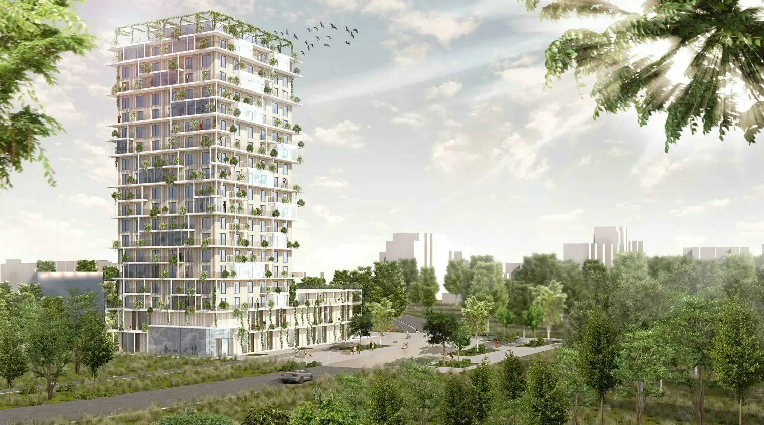 Es sind noch keine Pläne, sondern beispielhafte Entwürfe: So könnte die Bebauung in der Reutlinger Straße über der Sozialraumkita aussehen, hier das Hochhaus mit 18 Vollgeschossen . . .