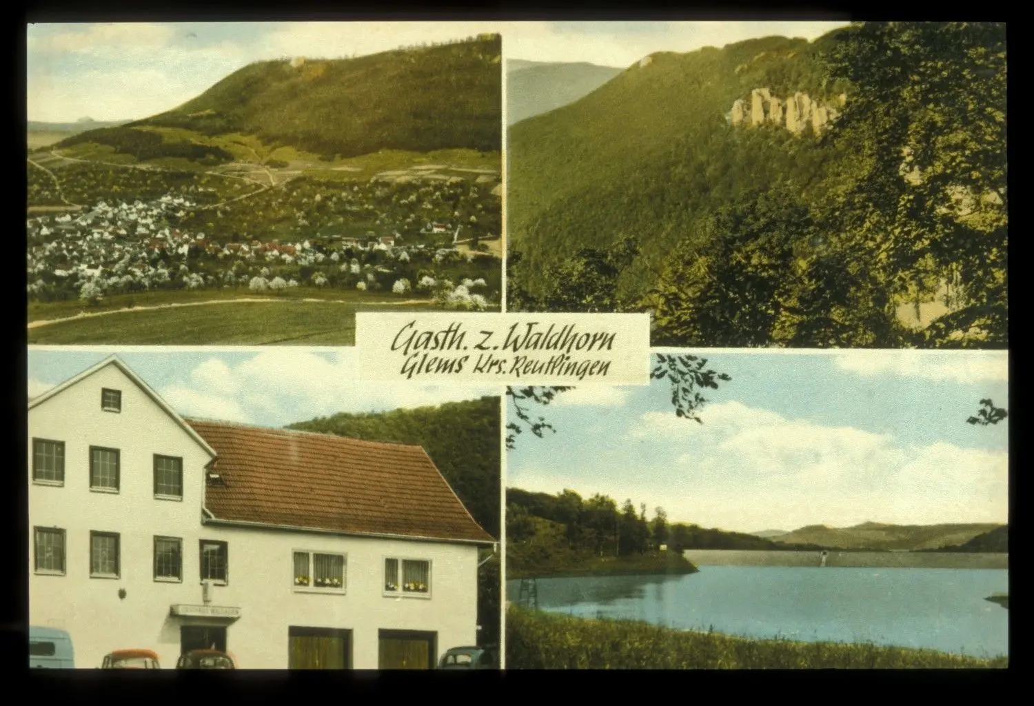 Historische Postkarte mit modernisiertem „Waldhorn“ in dem damals eigenständigen Dorf Glems. Das Pumpspeicherkraftwerk mit Stausee wurde in den 1960er Jahren gebaut und die Gaststätte ist noch ohne angebautes Treppenhaus zu sehen, also vor 1982.