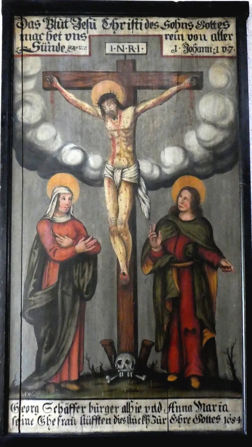 Die Aufnahme zeigt das Tafelgemälde mit der Kreuzigung, das 1684 von Georg und Anna Maria Schäffer gestiftet wurde.