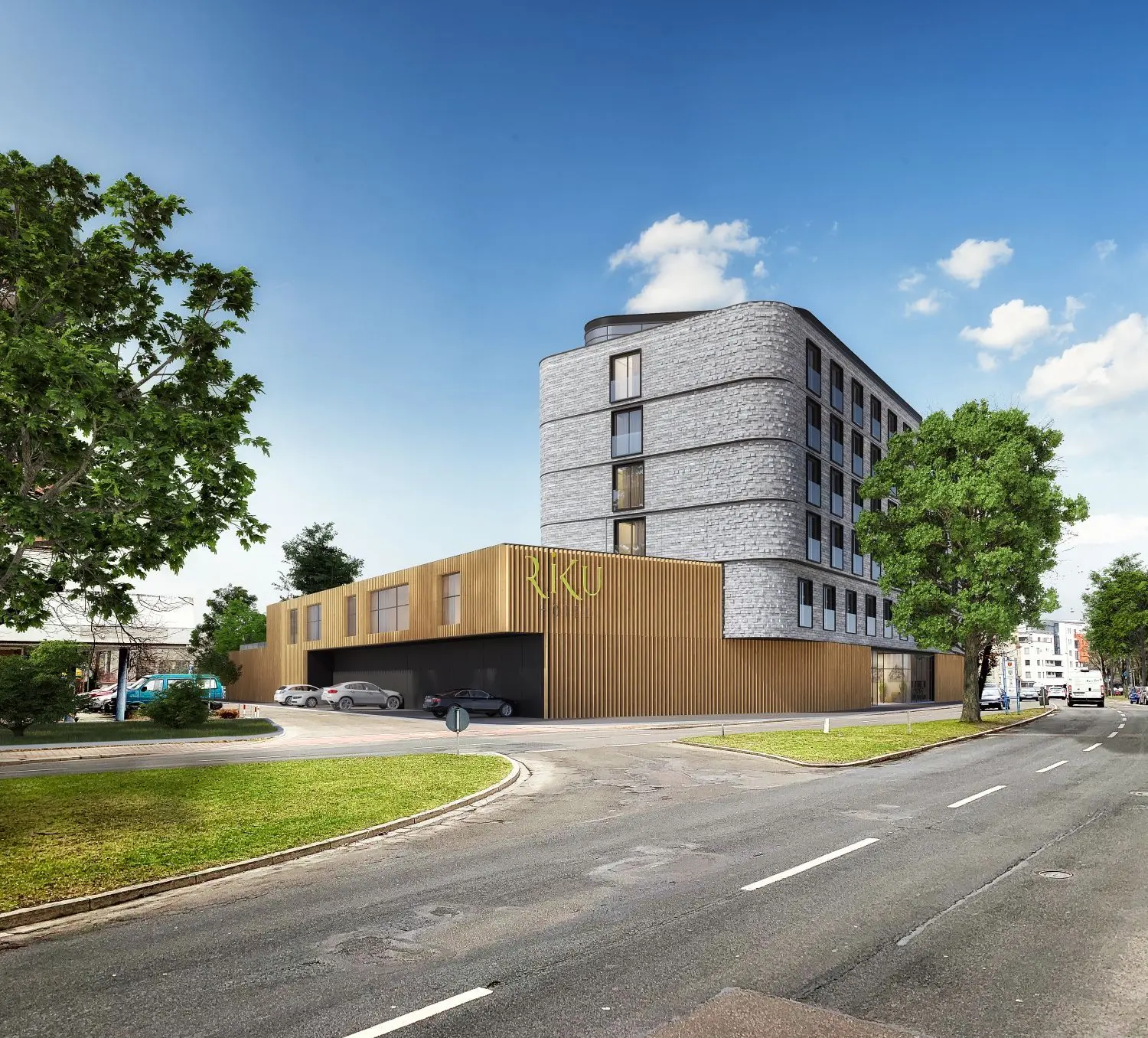 Der neue Barfüßer – Hotel, Gastronomie und Biergarten – von der Augsburger Straße aus gesehen.