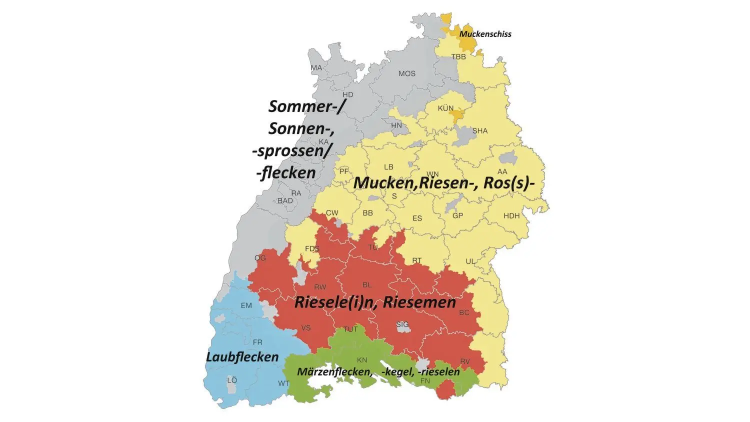 Wo Sommersprossen im Dialekt ganz anders heißen, kann man auf dieser Karten erfahren.⇥