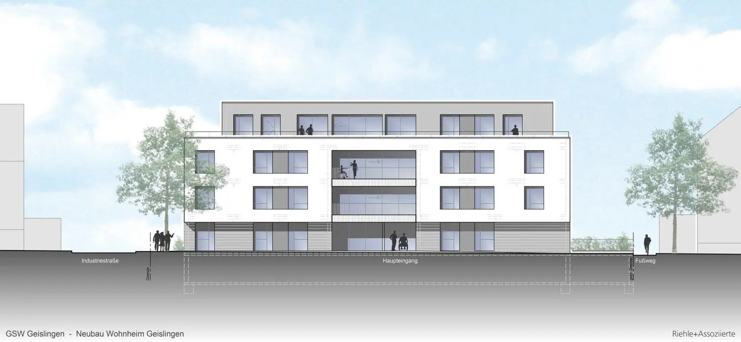 Ein vierstöckiges Haus mit Dachterrasse: So soll das Wohnheim einmal aussehen, das in der Überkinger Straße in Geislingen gebaut wird. Die GSW vermietet das Gebäude an die Lebenshilfe, die dort unterschiedliche Arten von Betreuung anbietet. Der Bau soll 2020 beginnen.