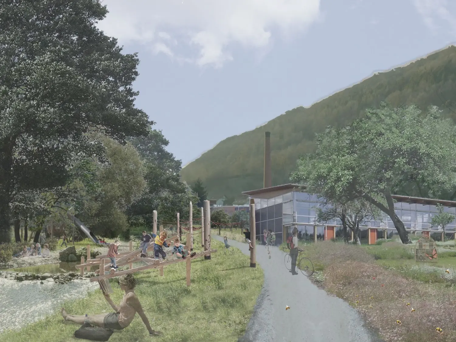 Zwischen Bad Ditzenbach und Gosbach könnte ein Kräuterschaugarten mit Bienenblühstreifen, naturnaher Ufergestaltung und Wasserspielplatz sowie Mehrzweckhalle zwischen entstehen.
