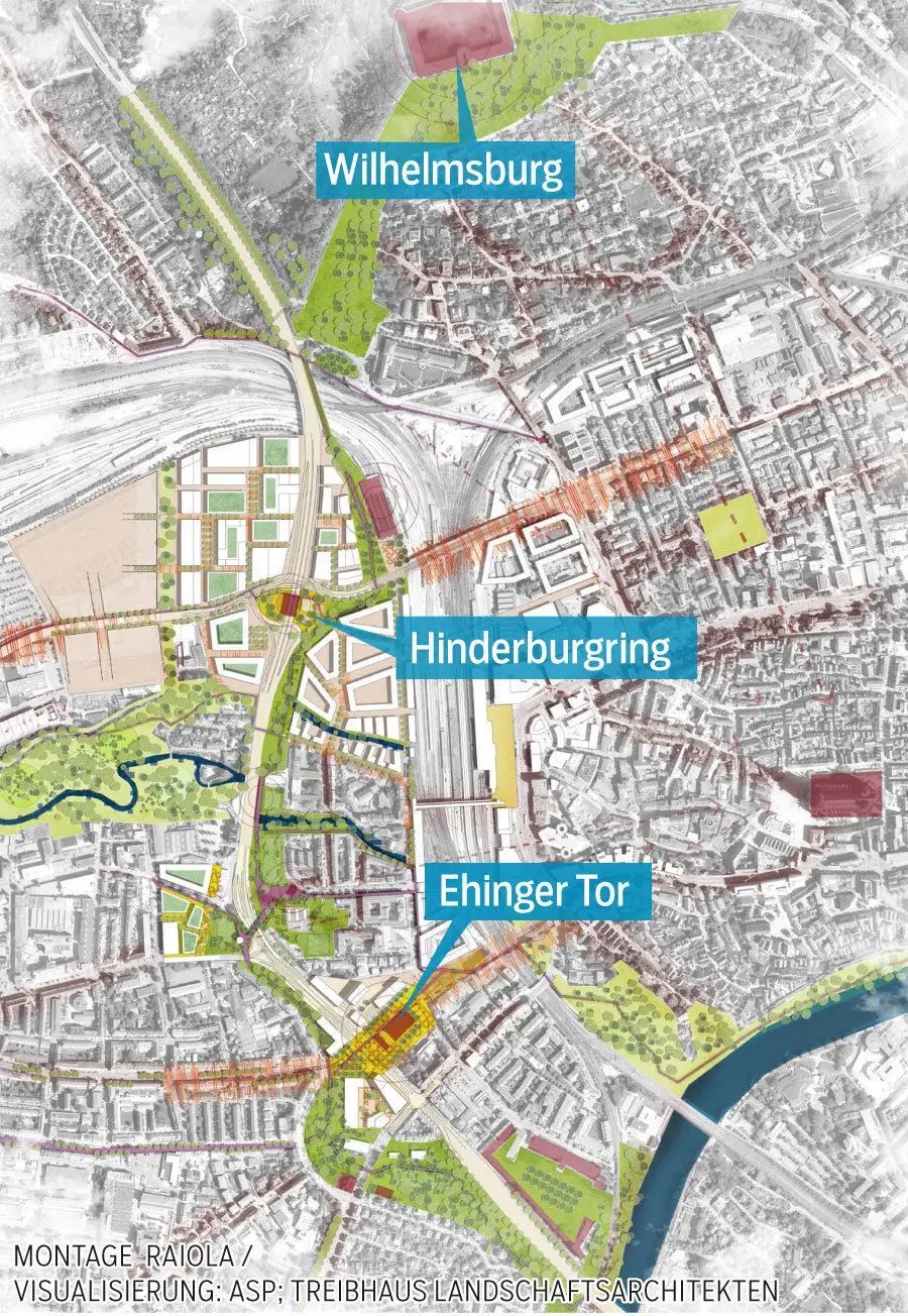Eine Skizze  von asp Stuttgart und Treibhaus Landschaftsarchitekten. Sie zeigt  stellvertretend für die anderen Planer, wie so ein grünes Band entlang der B 10 und rechts und links davon gedacht ist. Die Entwürfe stellen den großen Überbau dar und gehen bei Weitem nicht ins Detail. Diese werden im gesamten kommenden Jahr entwickelt.