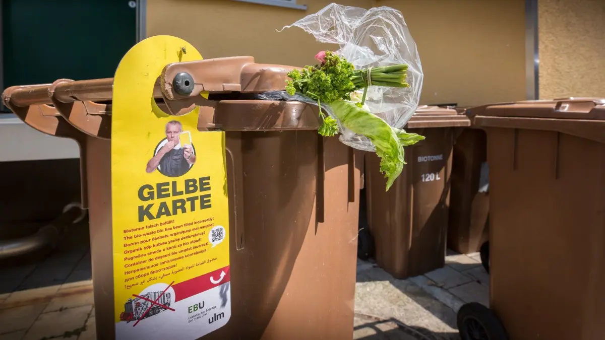 Plastik im Biomüll ist ein Fehlwurf: Deshalb hängt die Gelbe Karte an der Tonne.⇥
Gelbe Karte Biomüll