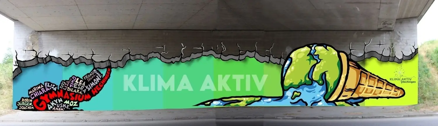 So sieht das fertige Graffiti in der Visualisierung aus: Der Erdball zerfließt wie eine Kugel Eis in der Sonne. Der Entwurf stammt vom Aktivteam des Hechinger Gymnasiums, die sich (links) auch mit ihren Namen und ihrer Schule auf dem Werk verewigen.