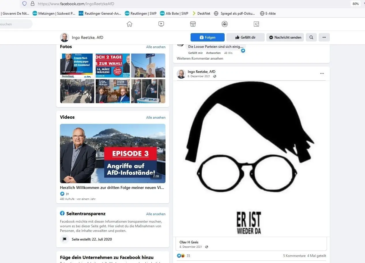 Die Facebookseite „Ingo Reetzke, AfD“ zeigt bis heute den Gesundheitsminister Karl Lauterbach im Stil der Hitler-Filmkomödie „Er ist wieder da“.
