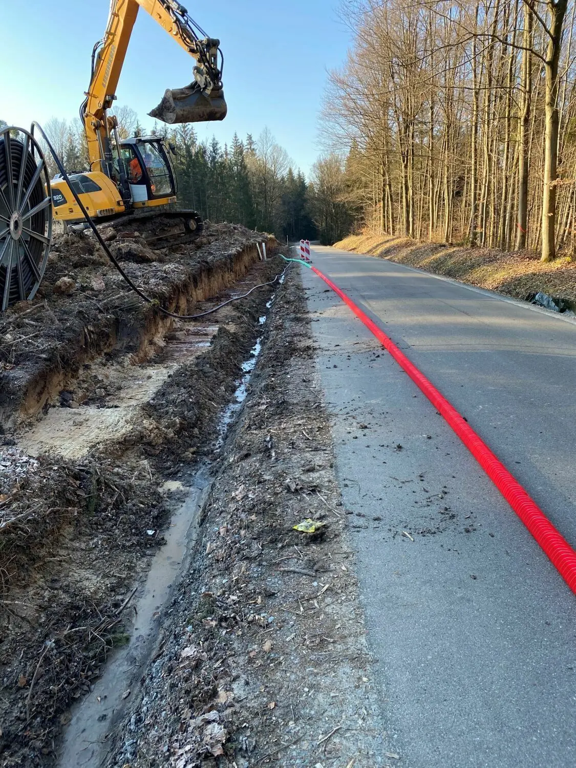 In den vergangenen Wochen wurden die Kabelstränge für den künftigen Windpark verlegt, ein Amphibienschutzzaun installiert und Nisthilfen aufgehängt. Nun ist die Kohlenstraße gesperrt. Warnbaken auf der L 1066 weisen Verkehrsteilnehmer darauf hin.