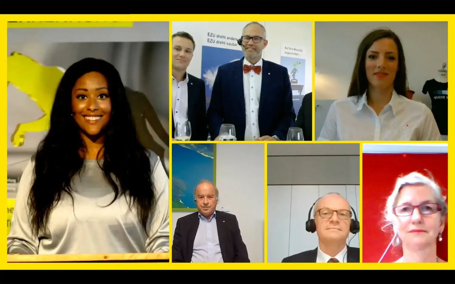 So sah die digitale Preisverleihung aus. Die Kandidaten (im Uhrzeigersinn, von oben Mitte): Manuel Welte und Andreas Zumkeller (EZU-Metallwaren, Königsheim), Maria Schneider (Hakro, Schrozberg), Rosemarie Amos-Ziegler (WGfS, Filderstadt), Helmuth Caesar (Wohnungs– und Städtebaugesellschaft, Stuttgart), Thomas Kaysser (H.P. Kaysser, Leutenbach). Links: Moderatorin Mary Summer. ⇥