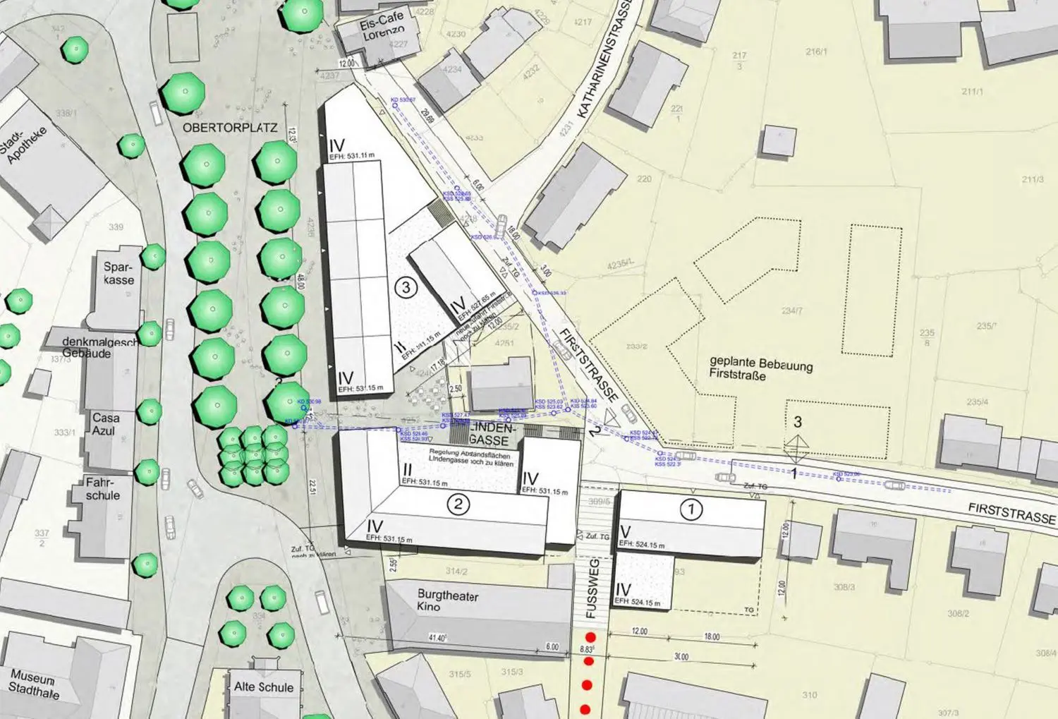Die Draufsicht: Links ist der neue Obertorplatz, die Nummern 1, 2 und 3 markieren die geplanten viergeschossigen EJL-Neubauten. In der Mitte, am Fuß der Lindengasse, ist ein Innenhof skizziert.