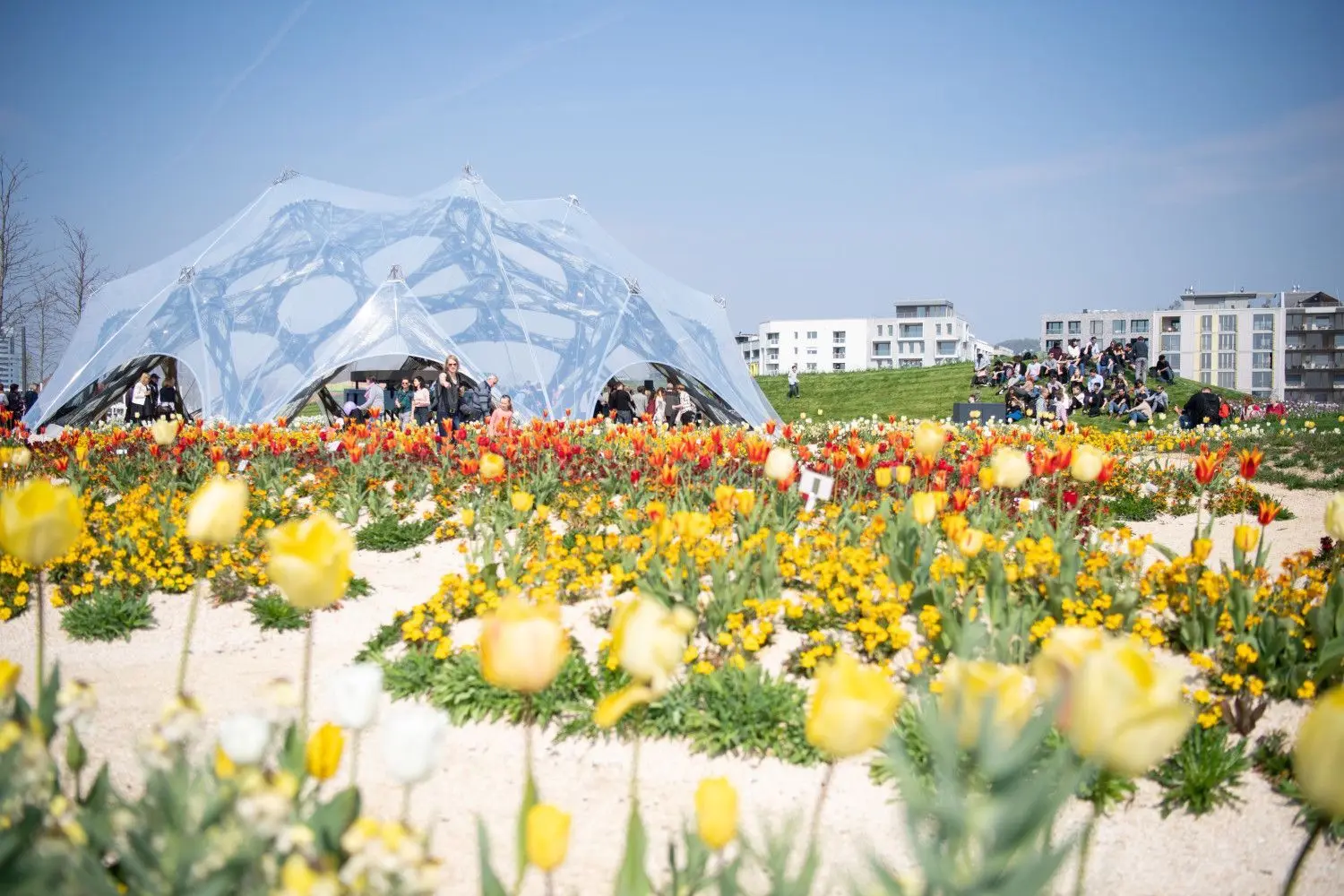 Der Pavillon aus Glas- und Kohlefasern ist ein besonderer Hingucker auf der Bundesgartenschau (Buga) in Heilbronn 2019. Die Buga findet vom 17. April bis zum 06. Oktober statt.