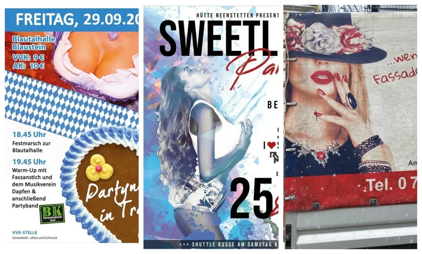 Drei Beispiele für Sexismus in der Werbung. „Sexismus bedeutet die Benachteiligung, Abwertung, Verletzung und Unterdrückung einer Person oder einer Gruppe aufgrund des Geschlechts“, definiert die Bundeszentrale für politische Bildung.