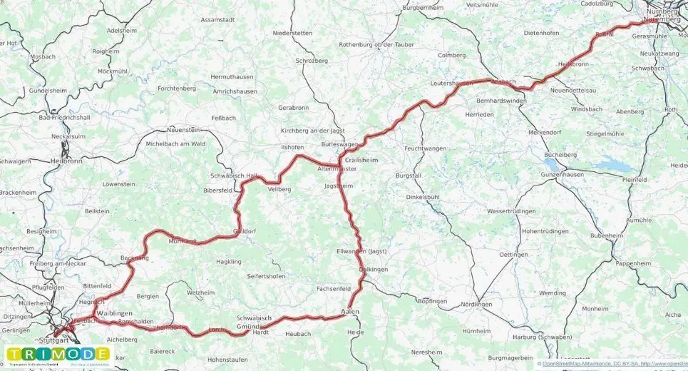 Die Ausbaustrecke Stuttgart-Nürnberg über die Murrbahn (Backnang-Hessental) und südlichere Remsbahn (Aalen).⇥