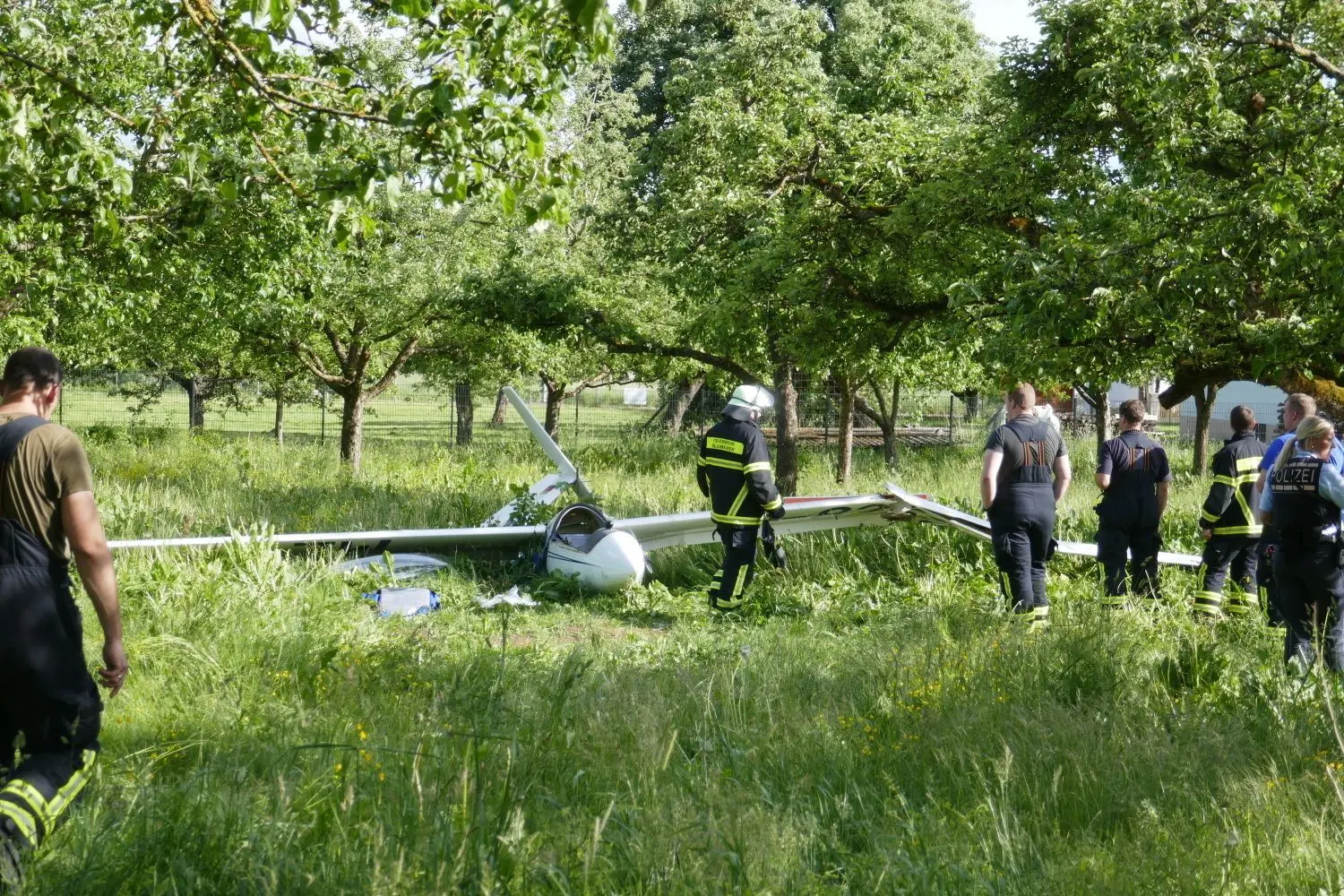 Das Segelflugzeug landete in einer Obstwiese.
