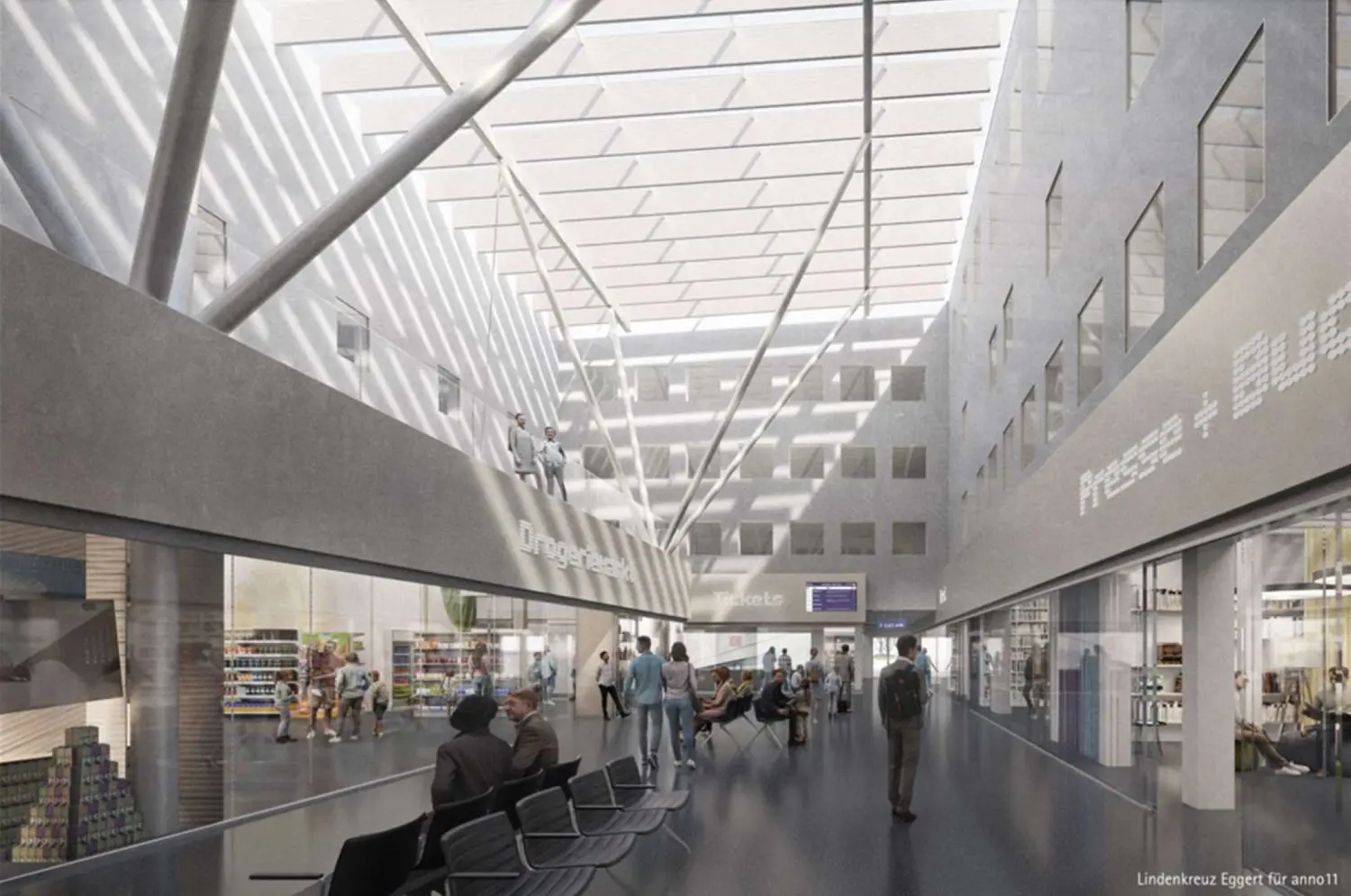 Kaum wiederzuerkennen: Die Querhalle soll ein Glasdach bekommen und wird der künftige Wartebereich.⇥