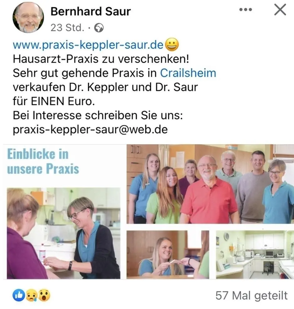 Dr. Saur postet die Nachfolgersuche auf Facebook.⇥