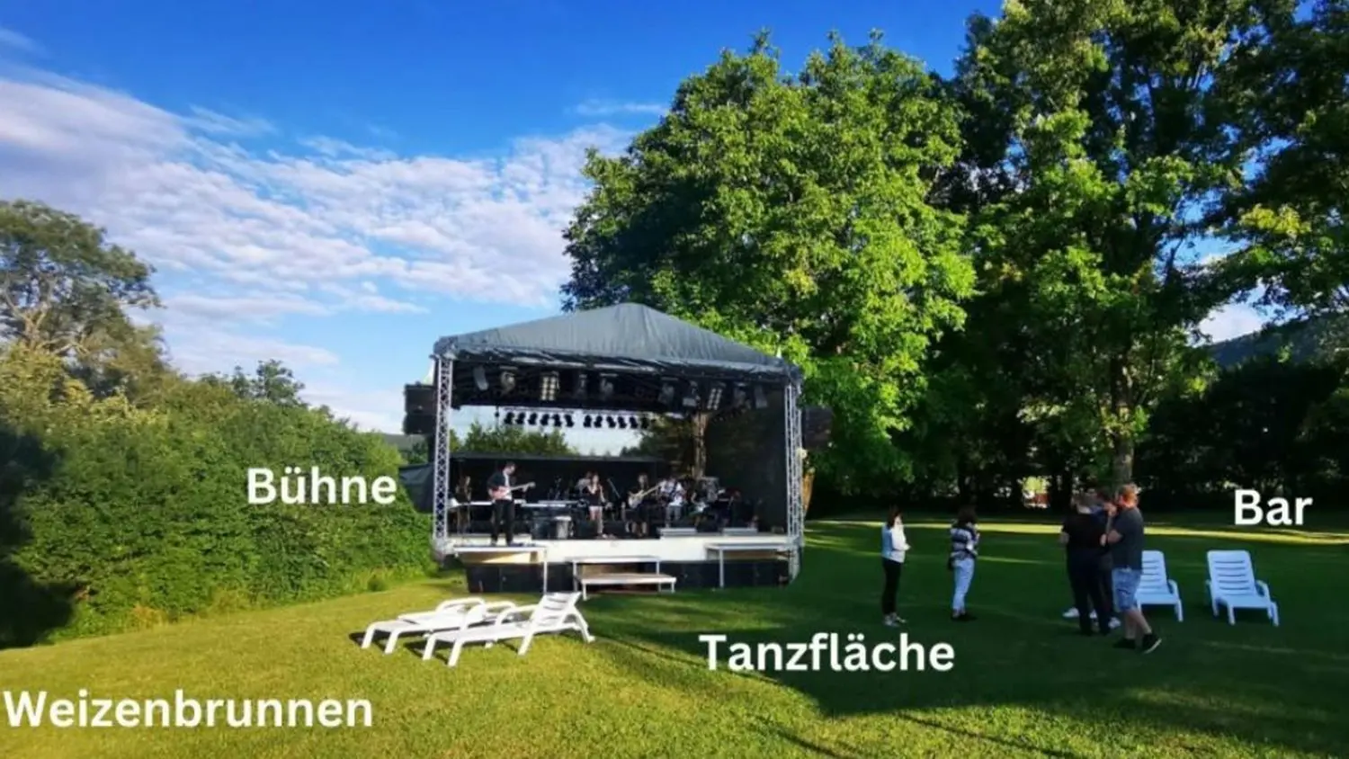 Auf der Fotomontage ist schon alles fertig: Das Junginger Freibadgelände verwandelt sich an diesem Samstag schon ab dem Nachmittag in eine große Partymeile. ⇥
