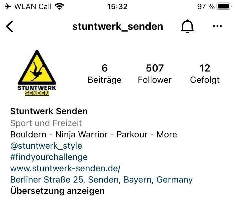 Screenshot der Instgram-Seite von Stuntwerk Senden. Fotos gibt es von der Halle noch nicht.