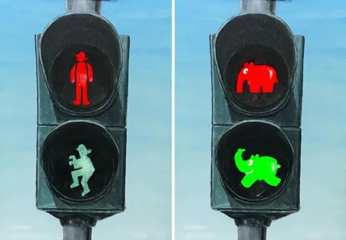 Im Emden stehen bald vier Ampeln, die bei Grün den hoppelnden Otto Walkes (links) anzeigen. Das Ottifanten-Motiv (rechts) wurde abgelehnt.