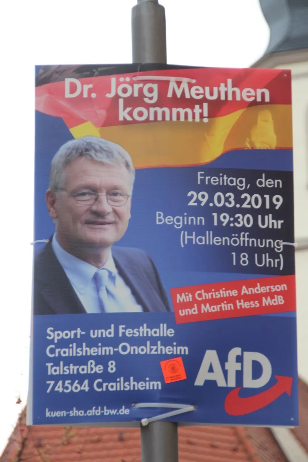 Zwei Großereignisse stehen am Freitag in Crailsheim an: Jörg Meuthen, Spitzenkandidat der AfD für die Europawahl, spricht in Onolzheim – und in der Innenstadt gibt’s eine Demonstration und Kundgebung unter dem Motto „Crailsheim ist bunt!“. ⇥