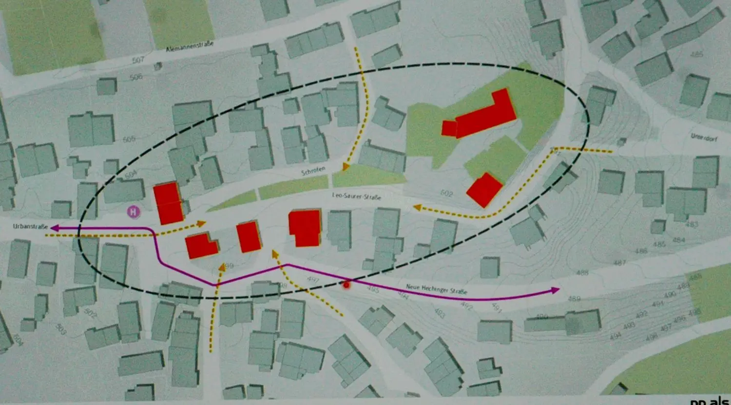 Das neue Weilheimer Zentrum im Plan: Die Definition der Ortsmitte durch das Planungsbüro wurde einhellig übernommen. Das Gebiet reicht vom Rathaus (ganz links) bis zur Kirche (ganz rechts).