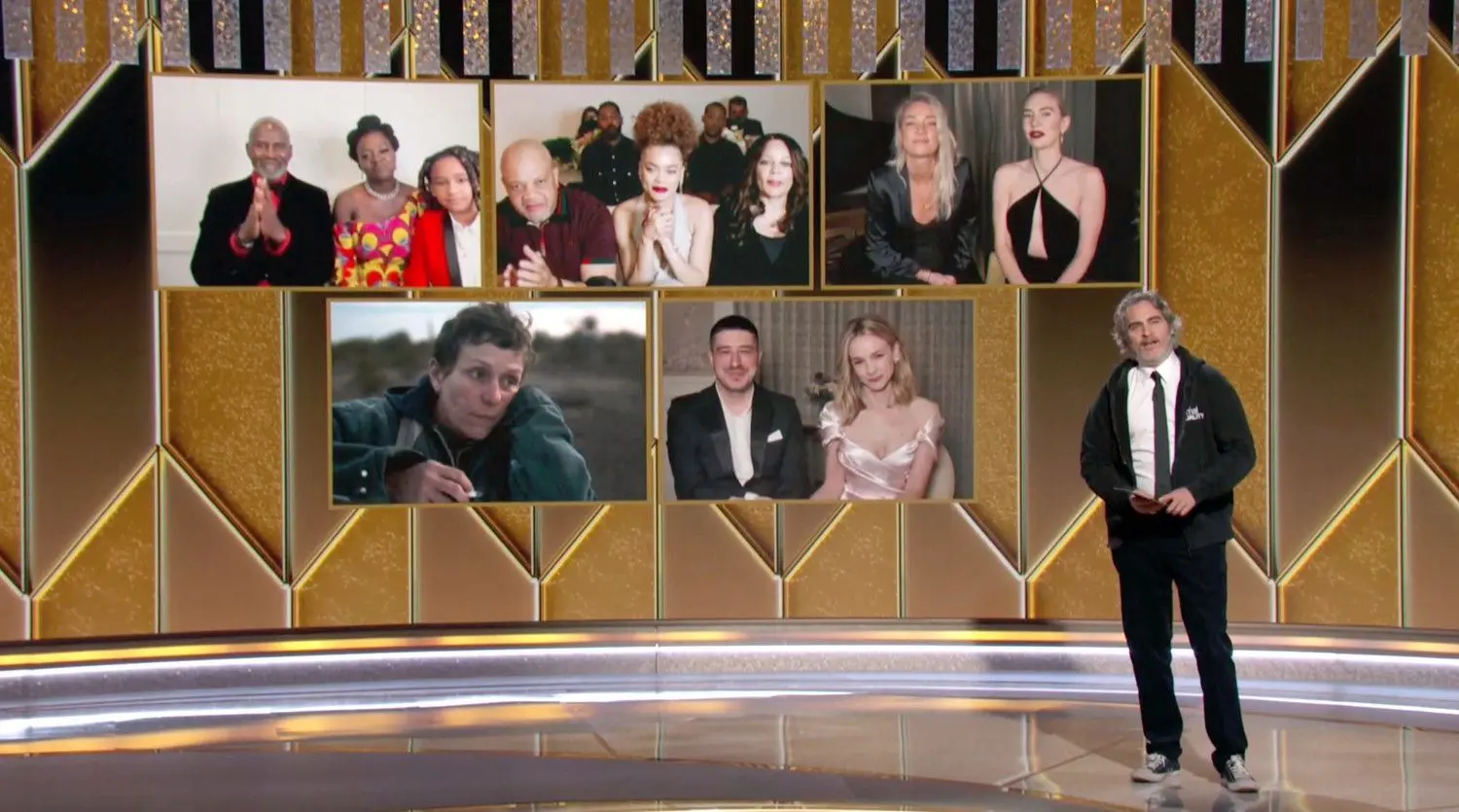 Schauspieler Joaquin Phoenix mit den Nominierten in der Kategorie „Beste Schauspielerin in einem Filmdrama“ bei den Golden Globe Awards 2021: (oben von links) Viola Davi, Andra Day, Vanessa Kirby, sowie (unten von links) Frances McDormand und Carey Mulligan.