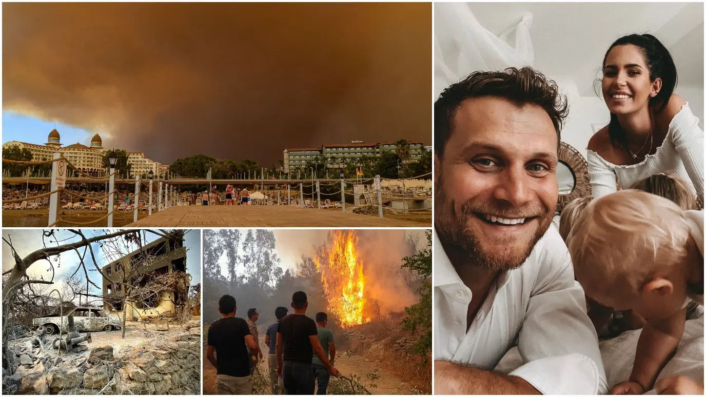 Hotels am Strand von Manavgat an der türkischen Riviera, dahinter der dichte Rauch durch Waldbrände. Die Flammen toben, vielerrts bleiben nur noch Trümmer und Ruinen. Das Influencer-Promi-Paar Mimi und Bella Kraus erlebten die Brände im Urlaub.