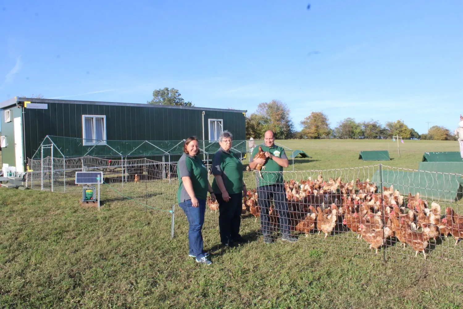Die Hennen kommen angeflitzt, sobald Anke, Gabi und Jochen (von links) auf der Wiese erscheinen. Schließlich ist es nicht auszuschließen, dass ein Leckerli für die Damen, die im Gegenzug fleißig Eier abliefern, abspringt.⇥