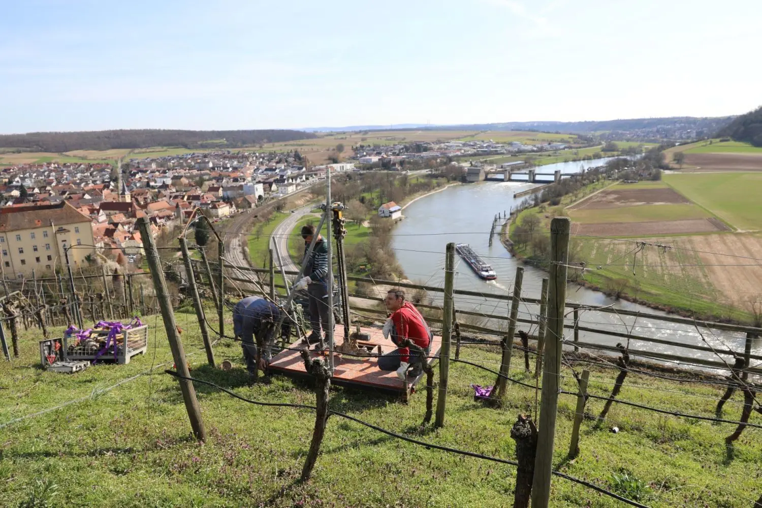 Gundelsheim am Neckar: Am Fuße dieses instabilen Weinbergs verläuft eine Bahnstrecke. Um zu erkunden, wie der Baugrund des Weinbergs beschaffen ist, werden Bodenproben entnommen. Die Bohrlafette wurde mit einem Helikopter eingeflogen. ⇥