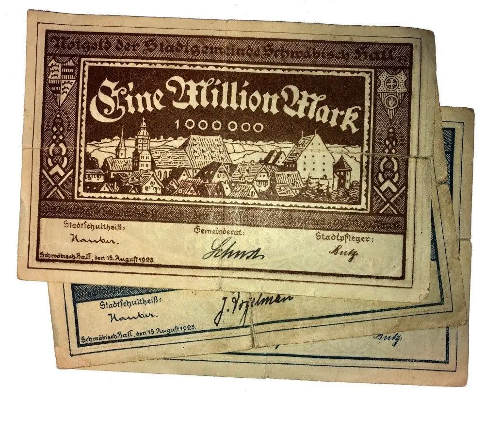 Die Notgeldscheine zeigen Unterschriften des Stadtschultheißen Emil Hauber und des Stadtpflegers (Kämmerers) Friedrich Butz.