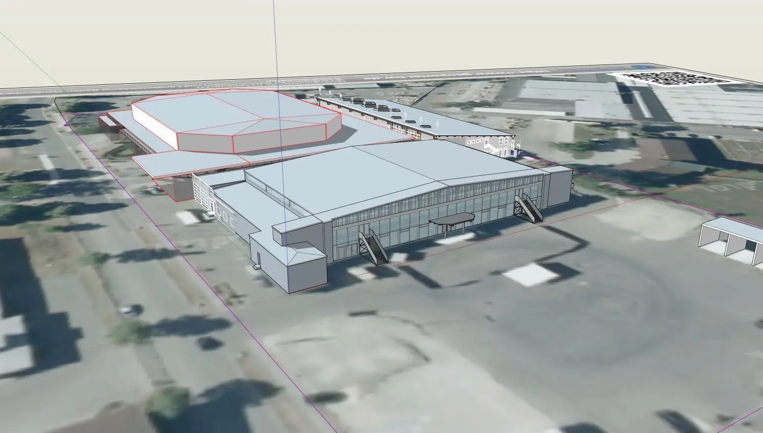 So sieht die Vision aus: Vorne der Hangar, im langgestreckten Nebengebäude im rückwärtigen Bereich wird ein Kultursaal eingebaut, direkt hinter dem Hangar wird die Merlins-Spielhalle errichtet, die auch für andere Großveranstaltungen genutzt werden kann.